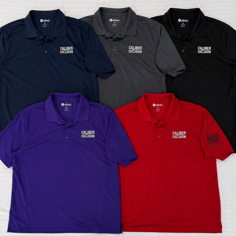 Mens XL Caliber Collision Work Polo Lot 5pc Navy Gray Black Purple Red